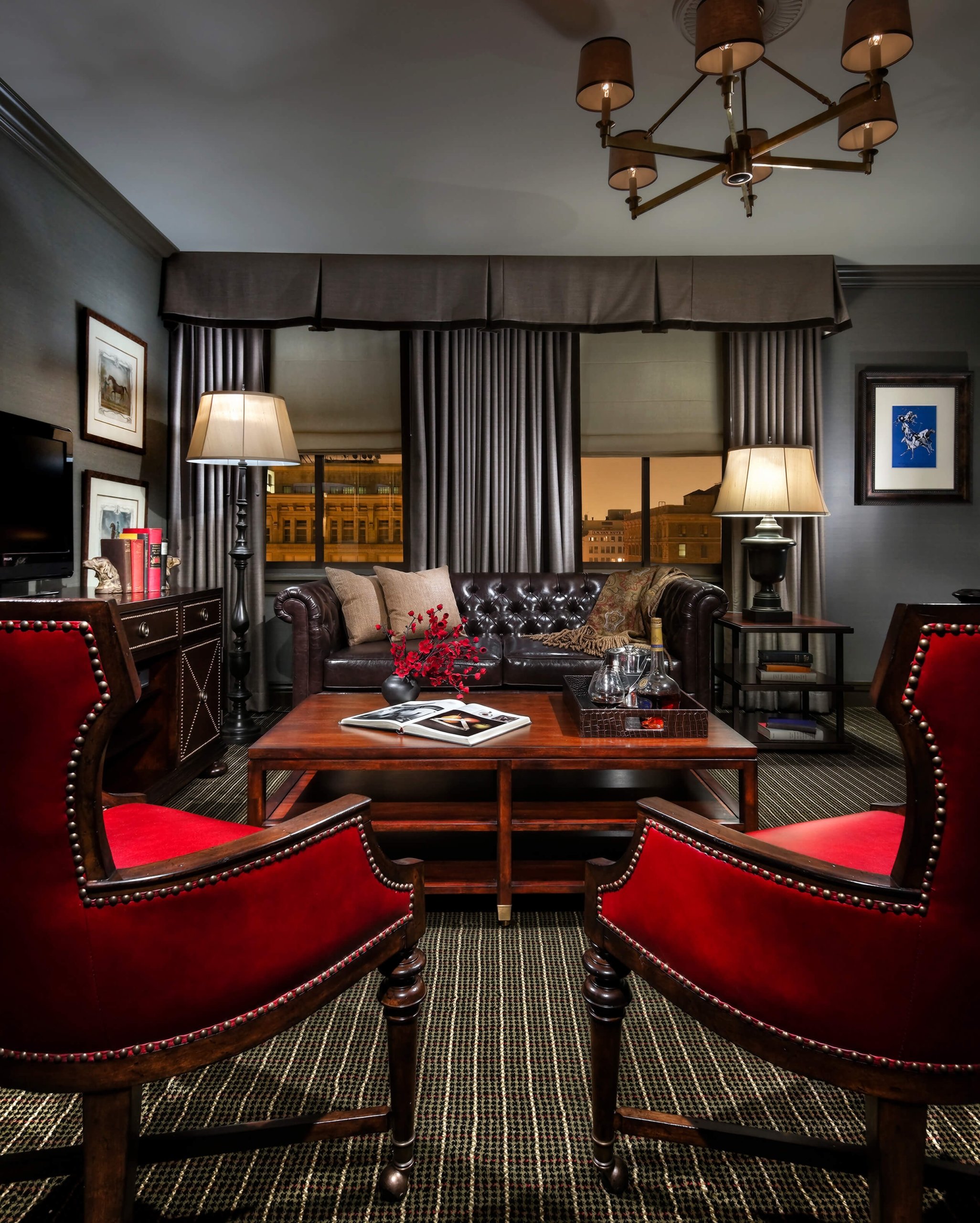 LA downtown hotel room with living room and city view; Los Angeles Athletic Club Hotel; LAAC