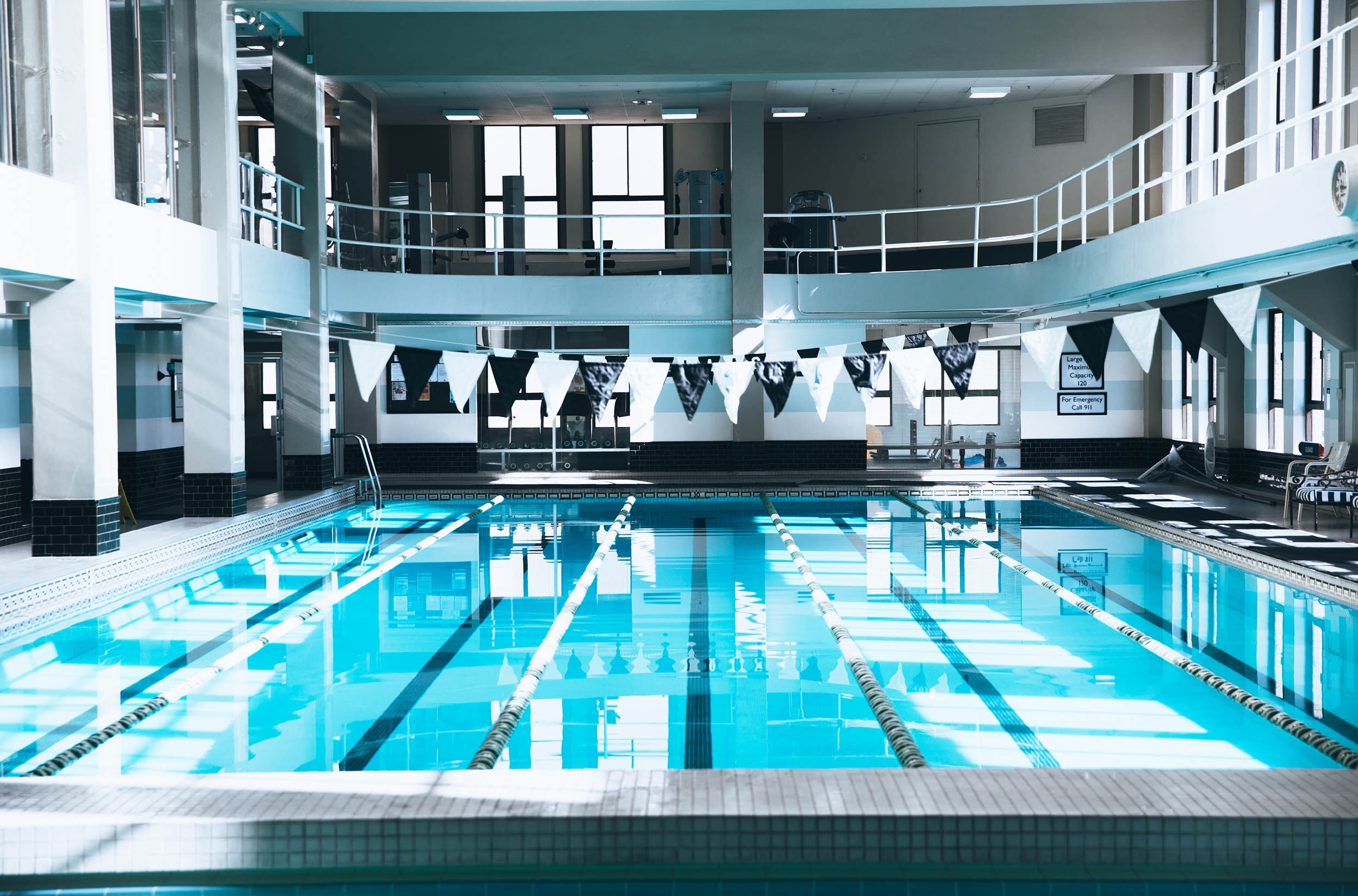 LA Athletic Club indoor pool, with swimming lanes and jumping bridge