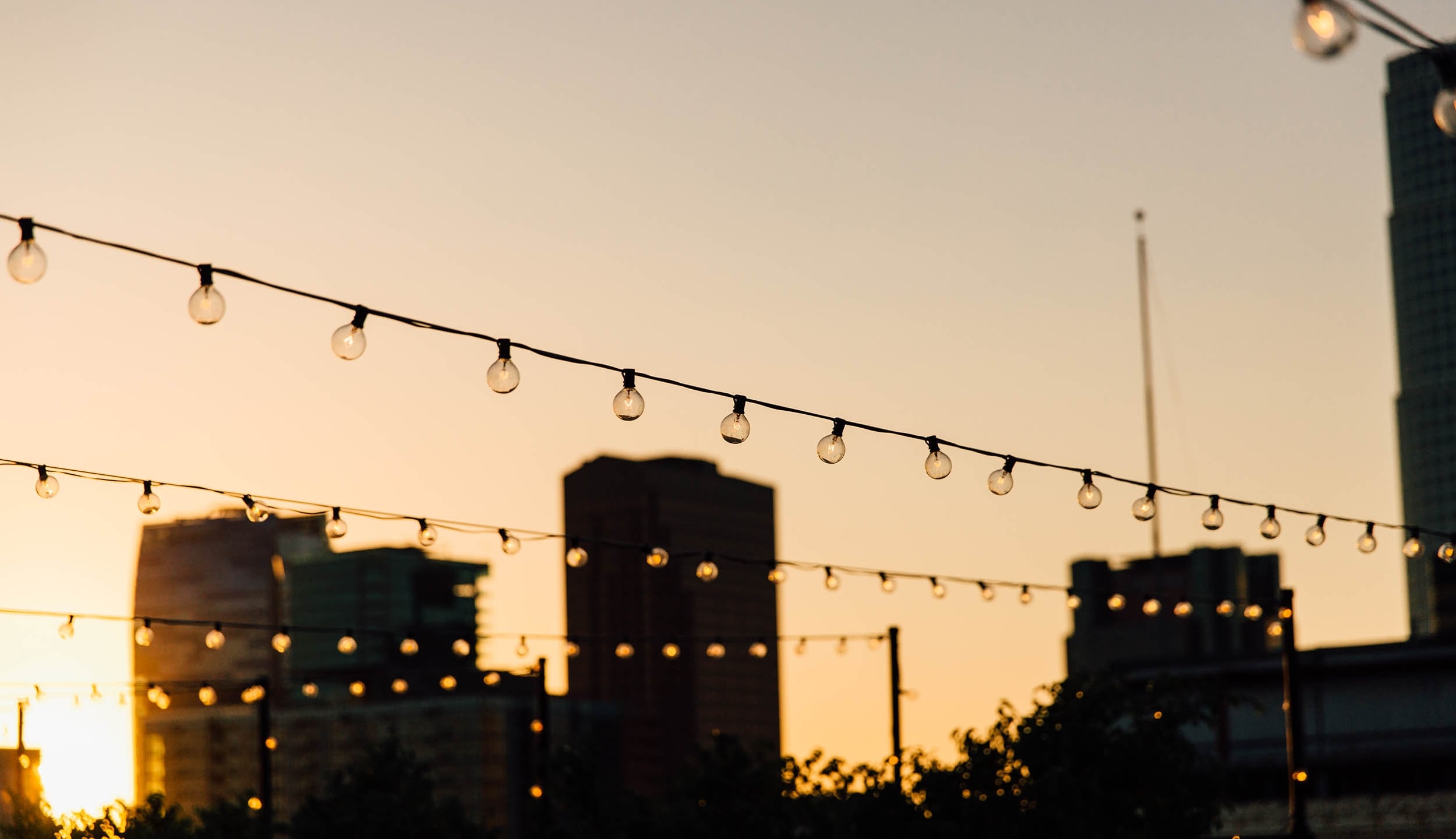 a city skyline at sunset with string lights in the foreground