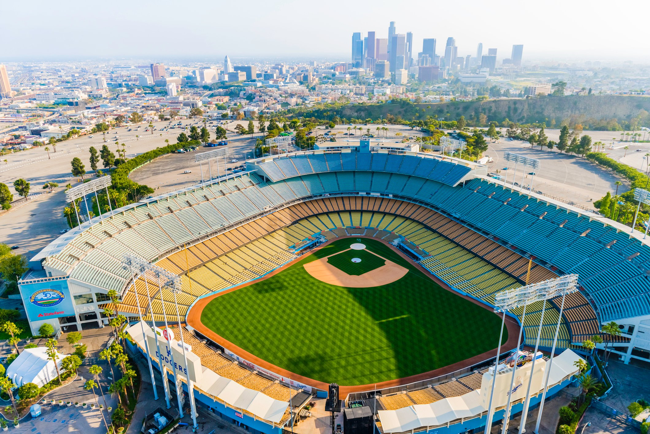 Dodger Stadium and Los Angeles skyline cityscape panorama aerial